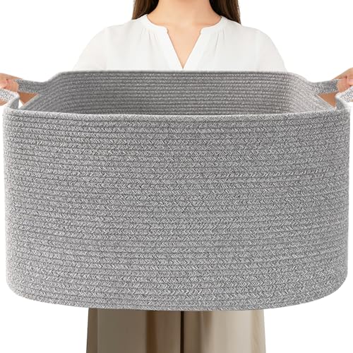 Large Blanket Basket,Woven Rope Basket Storage Bin with Handles,65L Rectangle Laundry Basket for Magazines,Toys,Clothes,Newspaper Shelf Organization,Nursery and Living Room,Grey - color: Grey, size: 21"x16"x12"(65L)