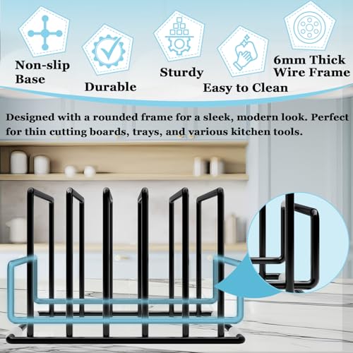 Cutting Board Organizer Rack with 7 Compartments, Heavy-Duty Iron Pan and Baking Sheet Organizer, Kitchen Cabinet Storage Rack with Non-Slip Base, Space-Saving Pot Lid Holder for Countertop & Pantry - color: 1 Pack - Black