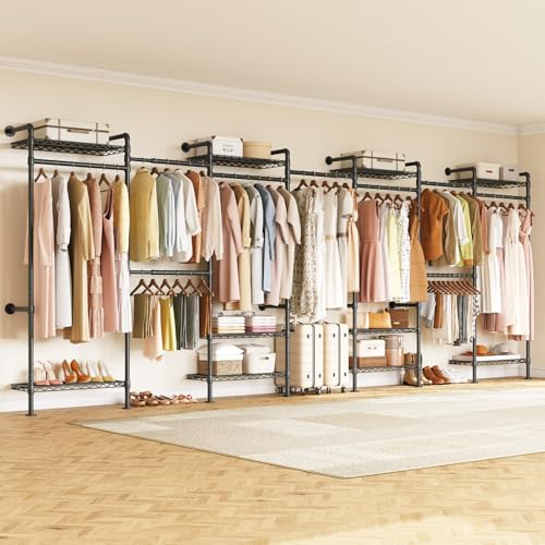 ONBRILL L7 Wall Mounted Industrial Pipe Clothing Rack – Heavy Duty Modular Closet System with 9 Hanging Rods (6 Expandable) & 10 Adjustable Shelves, Corner Garment Rack, Large Wardrobe - Black - color: Black