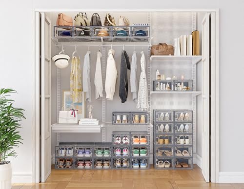 HOMIDEC Shoe Storage, 12 Pack Shoe Organizer for Closet, Shoe Boxes Clear Plastic Stackable Shoe Containers with Lids for Size 10 - color: Grey, size: L