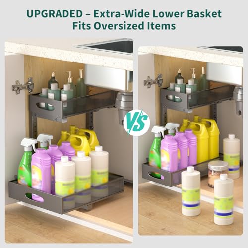 Under Sink Organizer, Extra-Wide Upgrade, 2-Pack of 2-Tier Metal Slide Out Cabinet Organizer, Height Adjustable Organization and Storage Series, Bathroom/Cabinet/Kitchen organization, Black - color: Black - Double Pack, size: Wide Upgraded Version