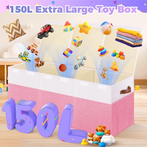 Extra Large Toy Storage Box with Lid, Collapsible Sturdy Toys Chest Storage Organizer Bin Basket with Divider for Kids, Boys, Girls, Closet, Playroom, Bedroom, Nursery, 40"X14"X16", Pink & White - color: Extra Large Pink & White