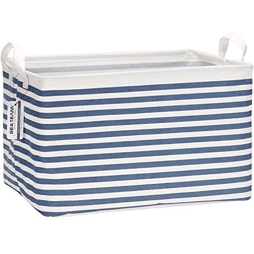 Sea Team 2-Pack Collapsible Canvas Fabric Storage Basket with Handles, Rectangle Waterproof Storage Bin, Box, Cube, Foldable Shelf Basket, Closet Organizer, 16.5 x 11.8 x 9.8 Inches, Navy Stripe - color: Stripe/Navy Blue, size: 16.5 Inch (Pack of 2)