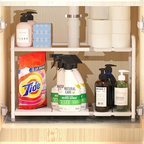 Simple Houseware Under Sink 2 Tier Expandable Heavy Duty Metal Shelf Organizer Rack, White (Expand from 15 to 25 inches) - color: White