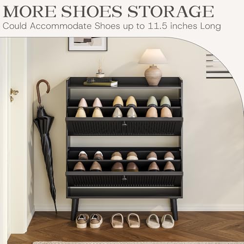 Fluted Shoe Cabinet with 2 Flip Drawers - Shoe Cabinet Storage for Entryway, 31.5" Wide Black Narrow Slim Shoe Rack with 2-Tier Adjustable Shelves for Hallway