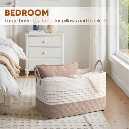 OIASKET 75L Large Cotton Rope Blanket Basket, Soft Baby Storage Basket for Toys, Pillow and Clothes，Decorative Woven Laundry basket with Handles for Living Room-Brown & White - color: Brown & White, size: 75L