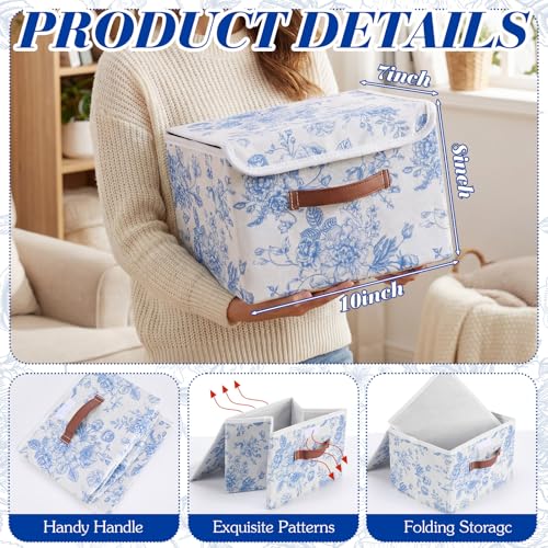 2 Pack Blue Floral Storage Bin with Lids Handles Large Blue and White Porcelain Storage Boxes 10x8x7 Inch Foldable Fabric Basket Decorative Cube Organizer for Clothes Nursery Home Dorm - size: 10x8x7 Inch