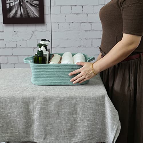 XUANGUO Woven Cotton Rope Storage Basket with Handles for Organizing Shelves Closet Small Cat Dog Pet Toy Baskets Box Bin Decorative Rectangle Baby Nursery Basket Gift Basket Empty (Light Green) - color: light green