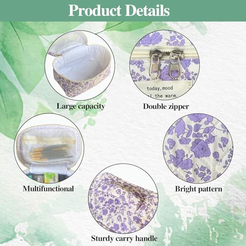 Purple Large Quilted Floral Makeup Bag Cute Soft Coquette Aesthetic Cosmetic Bag Cotton Travel Toiletry Bag for Women - color: A-Purple