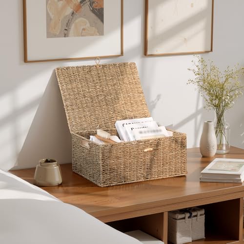 StorageWorks Extra Large Wicker Baskets with Lid for Organizing, Seagrass Storage Baskets for Shelves, Decorative Box with Built-in Handles, Natural, 1 Pack - color: Natural(Seagrass), size: 16½"L × 13"W × 7½"H