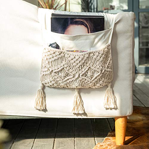 Mkono Macrame Couch Organizer Remote Control Caddy Sofa Armrest Armchair Bedside Storage Holder Bag for TV Remote, Magazine, Books, Cell Phone, iPad, Boho Living Room Home Dorm Decor, Beige - color: Beige, size: Medium