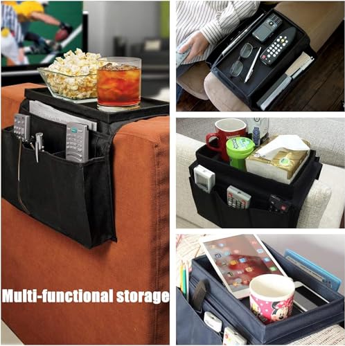 Sofa Armrest Organizer with Cup Holder No-Slip Couch Sofa Armrest Organiser Couch Remote Caddy Control Holder with 1 Large Pockets and 3 Small Pockets for TV Remotes Cellphone Magazines Drinks (Black) - color: Black
