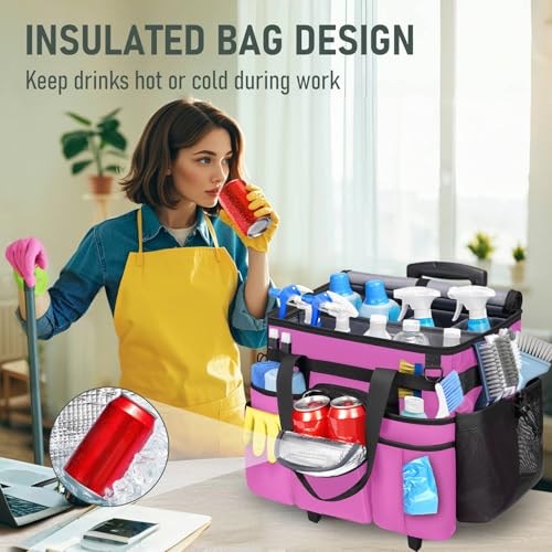 Ytonet Cleaning Caddy with Wheels, Large Rolling Caddy Bag with Detachable Trolley for Housekeepers, Water Resistant Cleaning Cart Supplies Organizer for Home, Car, Tool Organizer, Mobile Storage - color: Rose Red, size: X-Large