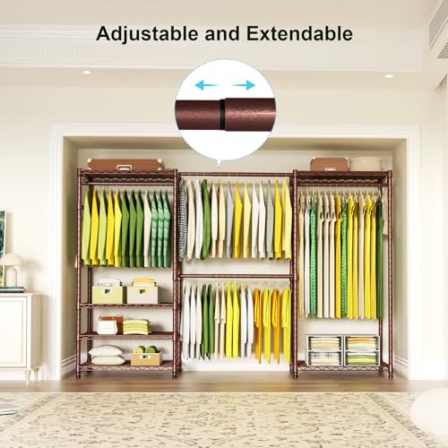 Ulif E1 Heavy Duty Closet Garment Rack, 6 Tiers Adjustable Metal Freestanding Expandable Clothing Storage with 4 Hanger Rods, Easy to Assemble Wardrobe, 71.4" H x (70" - 88.2") L x 14" D, Bronze - color: Bronze