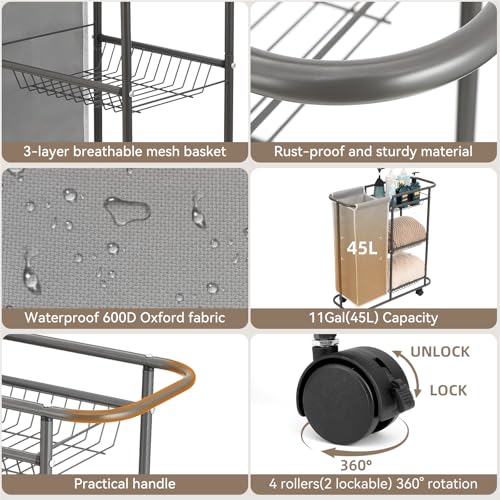 Rolling Laundry Sorter with 3 Storage Baskets and 45 L Bag, 3-Tier Laundry Caddy Between Washer and Dryer,Laundry Room Organization with Wheels and Handle for Narrow Space Bathroom Apartment Dorm - color: Grey