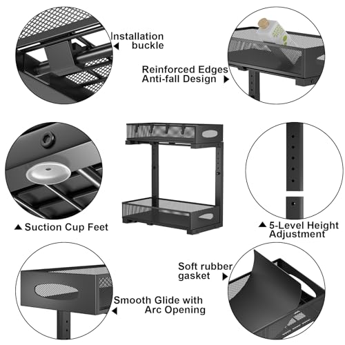 2 Pack Under Sink Pull Out Organizer, 2-Tier Adjustable Height Carbon Steel Storage Rack for Kitchen and Bathroom Cabinet, Black - color: Black