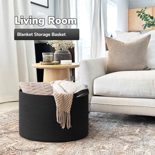 Goodpick Blanket Basket 19.7'' x 12.6'', Woven Storage Baskets, Cotton Rope Toy Storage for Kids, Home Decor for Living Room, 65L Black - color: Black, size: 19.7x19.7x12.6 Inch (Pack of 1)