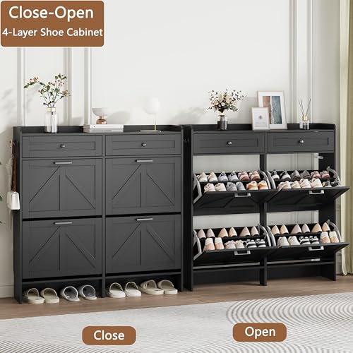 Shoe Cabinet with 4 Flip Drawers & 2 Top Drawers, 43" Tall Freestanding Narrow Wooden Shoe Storage Organizer for Entryway, Hidden Slim Shoe Rack for Front Door Entrance, Hallway, Living Room, Black - color: Black, size: 4 Flip Drawers