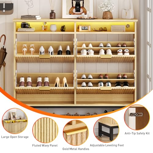 Fluted Shoe Storage Cabinet with 4 Flip Drawers, 47.24" Narrow Shoe Organizer Cabinet with LED Light, Slim Freestanding Shoe Rack Cabinet, Wooden Hidden Shoe Cabinet for Entryway, Hallway(Natural Oak)