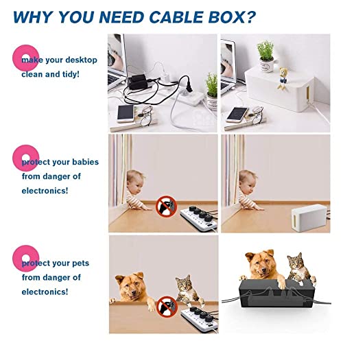 [Set of Three] Cable Management Boxes Organizer, Large Storage Wires Keeper Holder for Desk, TV, Computer, USB Hub, System to Cover and Hide & Power Strips & Cords (Ice White) - color: White