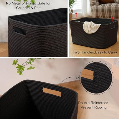 OIAHOMY XXLarge Rectangle Blanket Basket-96L, Cotton Woven Basket for Storage, Dirty Clothes Baskets for Living Room, Nursery, Bedroom, Toy Organizing with Handle, 24" x 16" x 15", Charcoal Black - color: Charcoal Black, size: 24”x16”x15”