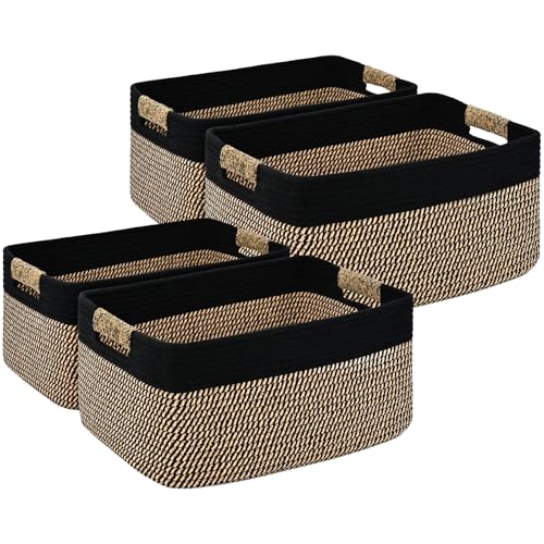 4 Pack Large Storage Basket for Organizing, 17.5"x13"x7" Woven Basket for Shelves, Closet Cube Storage Bins with Wrapped Handle, Cotton Rope Baskets for Kitchen, Clothes, Toys(Black & Brown) - color: Black & Brown, size: 4 Pack