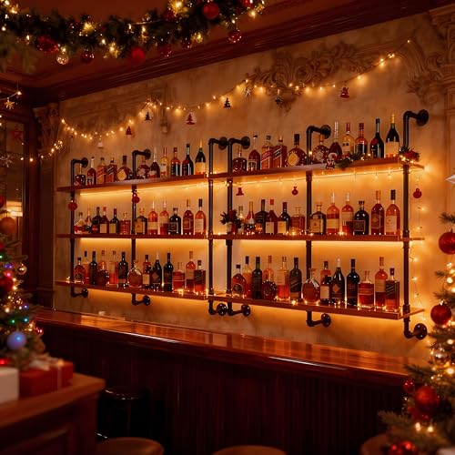 55" Modern Wall Mounted Wine Rack with LED Lights, 3-Tiers Industrial Pipe Liquor Floating Shelves, Rustic Metal Wall Wine Rack for Home, Restaurant, Commercial Bar, Kitchen Storage Display - size: 55inch/140cm
