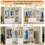 Closet System with 3 Sets, 6-15.8FT Custom Closet Organizer System with 6 Drawers & 8 Shelves & 5 Hanging Rods, Max 189"W Closet Shelving System, Walk in Closet Organizers and Storage System, White