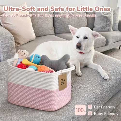 Goodpick Woven Storage Basket, 13" x 10" x 9" Storage Baskets for Organizing, Rope Gift Basket with Handles, Baby Baskets Kids Toy Organizer for Living Room, Pink - color: White Pink, size: 13"L x 10"W x 9"H