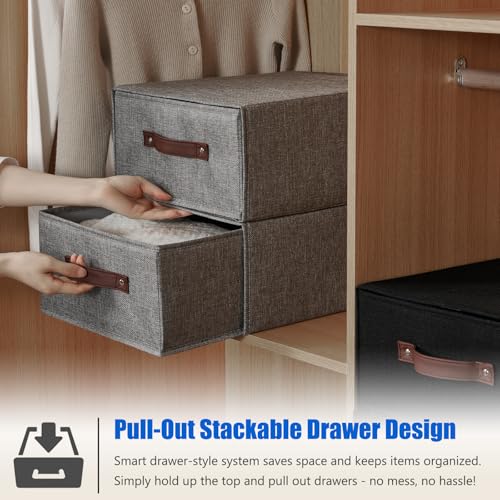 Closet Drawer Organizer Stackable Fabric Storage Boxes Bins Baskets with Lid PU Leather Handles Foldable Washable Cotton Linen Wardrobe Shelf Clothes Towels Container (Black, Large) - color: Black, size: Large ( Set of 1 )