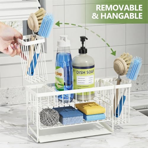 Cisily White 2-Tier Kitchen Sink Caddy Organzier Rack with Flexible Dish Brush Holder, Sponge Holder for Kitchen Sink Countertop Organization Storage,Home Decor Accessories - color: White