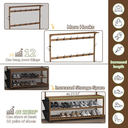 AMBIRD 6-in-1 Bamboo Hall Tree with Shoe Storage, Entryway Organizer Shoe Bench with 16 Coat Hooks and Cloth Bag, Sturdy Bamboo Storage Bench, 46 * 15 * 70 inches Brown - style: Classic, 47''L