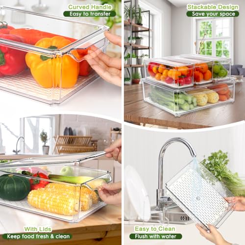 ZIJUND 4 Pack Fridge Organizer, Stackable Refrigerator Organizer Bins with Lids, BPA-Free Fridge Organizers and Storage Containers for Fruit, Vegetable, Food, Drinks, Cereals, Clear - size: 4 Bins（Have a XXXL size bin）