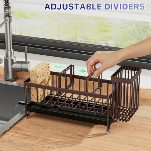 Cisily Brown Sponge Holder for Kitchen Sink, Sink Caddy Organizer with High Brush Holder, Kitchen Countertop Organizers and Storage Essentials, Rustproof 304 Stainless Steel, Soap Dispenser Organize - color: Brown