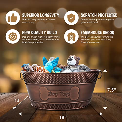 BREKX Indestructible Metal Dog Toy Bin - Copper Galvanized Storage Bin with Handles, Pet Storage Organizer - Ropes, Blankets, & Leashes, Bone Design Pet Toy Box (15-Quart) - color: Antique Copper