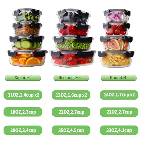 HOMBERKING 24pc Borosilicate Glass Food Storage Containers with Lids, Glass Meal Prep Containers with Leak Proof Snap Lock, Airtight Bento Lunch Boxes, Kitchen Storage (12 lids & 12 Containers)-Black - color: Deep Black