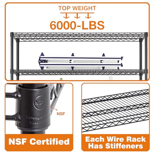 BestOffice Storage Shelves 6 Tier Metal Shelves Adjustable Heavy Duty Garage Shelving Wire Shelving Unit Capacity 6000LBS with Wheels for Kitchen, Garage Pantry Closet Commercial,Black - color: Black, size: 18"D x 45"W x 77"H