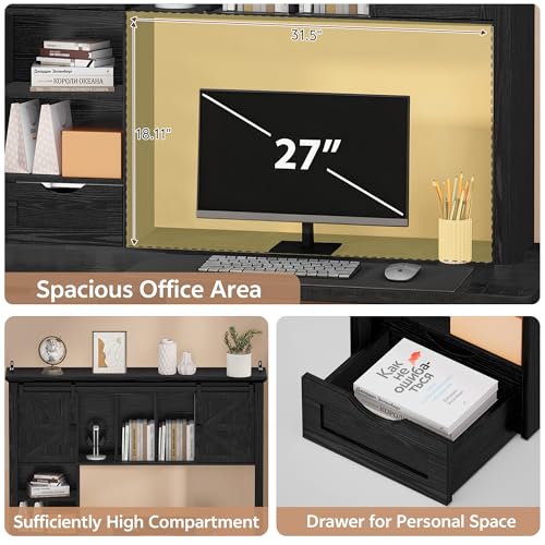 Large Desktop Bookshelf with Sliding Barn Door, 47.2''W Desk Shelf Display Rack, Desktop Organizer Storage Rack with 7 Cubbies and Drawer, Home, Desk Shelf for Office, Dorm, Vanity, Black - color: Black, size: 47.2''W
