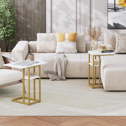 HOOBRO Foldable End Table, Gold C Shaped Side Table with Storage Shelf, Small Snack Table Suitable for Living Room Bedroom Small Spaces, Easy Assembly, Gold and Marble DM29SF01 - color: Marble + Gold