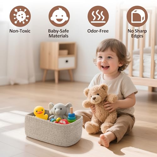 5-Pack Small Woven Rope Storage Baskets – 2 Sizes Organizer Bins for Closet, Shelf, Bookshelf, Nursery, Changing Table, Fabric Cube Boxes, Rectangular Shallow Bins for Bathroom, Toy & Home - color: Natural