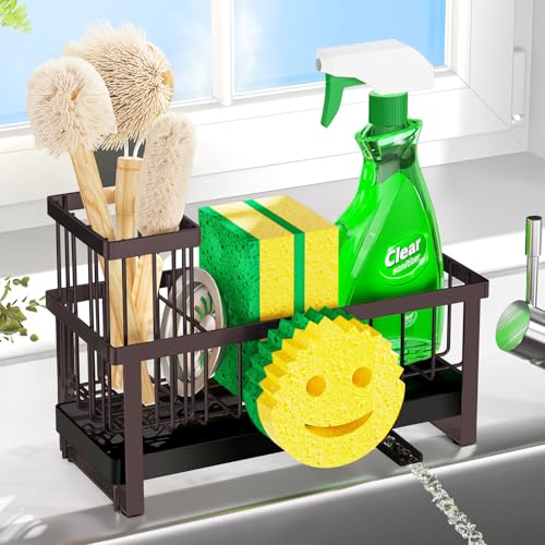 Sponge Holder for Kitchen Sink,Sink Caddy with Removable Dish Brush Holder,Self-Draining Kitchen Countertop Organizers and Storage Essentials,Soap Dispenser Organize and Home Decor-Bronze - color: Bronze-Tray