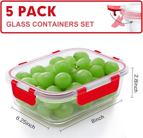 VERONES 5 Pack 36 OZ Glass Meal Prep Containers, Airtight Glass Lunch Containers Set, Glass Food Storage Containers with Lids,Exclusive of BPA, for Microwave, Oven, Freezer & Dishwasher Friendly,Red - color: Red