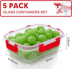 VERONES 5 Pack 36 OZ Glass Meal Prep Containers, Airtight Glass Lunch Containers Set, Glass Food Storage Containers with Lids,Exclusive of BPA, for Microwave, Oven, Freezer & Dishwasher Friendly,Red - color: Red