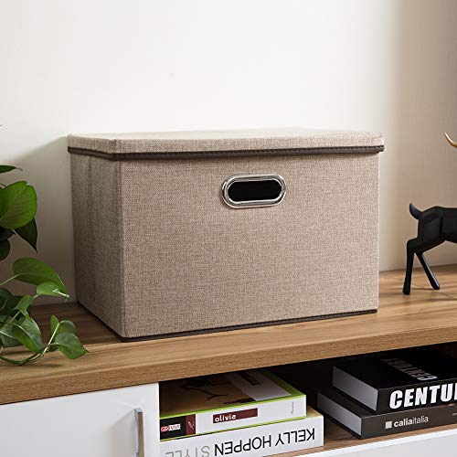 PRANDOM Large Collapsible Storage Bins with Lids [1-Pack] Jute Fabric Foldable Storage Boxes Organizer Containers Baskets Cube with Cover for Home Bedroom Closet Office Nursery (17.7x11.8x11.8) - color: Khaki, size: L(1-Pack)