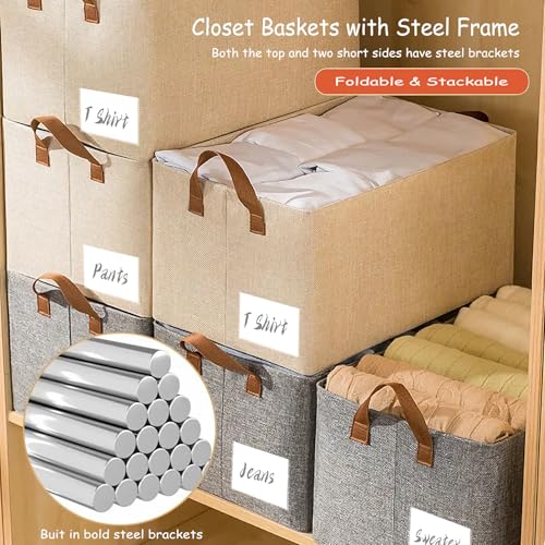 AARAINBOW Linen Closet Organizer Storage Bin with Steel Frame, Stackable Fabric Jeans Baskets for Shelves, 4 Packs Foldable Wardrobe Clothes Box for Sweater Pants Clothing Towel Shirt Felt, 23L Beige - color: 4 Beige