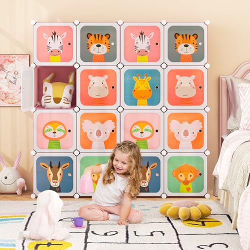 HONEY JOY Kids Wardrobe Closet, Baby Cartoon Clothes Storage Organizer, 8 Cubes & 2 Hanging Sections, Portable Children DIY Modular Bedroom Armoire Dresser Cabinet for Boys Girls (Pink, 8-Cube) - color: Pink, size: 8-Cube
