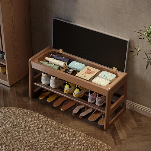 AQIMUELE Shoe Rack Bench,2 Tiers Shoe Bench with Storage with Flip-Top,Wood Shoe Rack for Entryway,Hallway（Walnut Upholstered Seat,11.8" D x 31.5" W x 15.7" H） - color: Walnut Upholstered Seat, size: 11.8"D x 31.5"W x 15.7"H