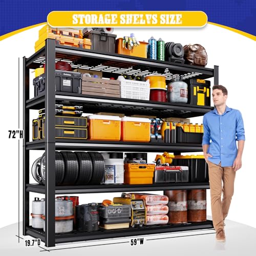72" H Heavy Duty Garage Shelving 5-Tier Storage Shelves, Adjustable Metal Shelving Unit, Utility Garage Organizer Shelf for Basement, Pantry, Warehouse, Supermarket, 59" W x 19.7" D x 72" H - size: 5-Wire-19.7"Dx59"Wx72"H