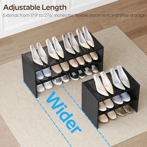 YATINEY Expandable Shoe Rack, 2-Tier Adjustable Entryway Shoe Organizer, Stackable Closet Shoe Rack for Small Space, Compact Shoe Shelf Storage for Garage Holds Up to 12 Pairs, Black SS03BB - color: Black