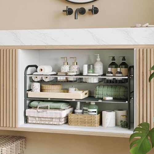 NETEL Under Sink Organizers and Storage, 2 Tier Expandable Under Cabinet Organizer Shelf with 4 Baskets and 4 Panels, Expandable Shelf for Cupboard, Kitchen, Bathroom, Shoe Storage Rack - size: 4 Panels and 4 Baskets